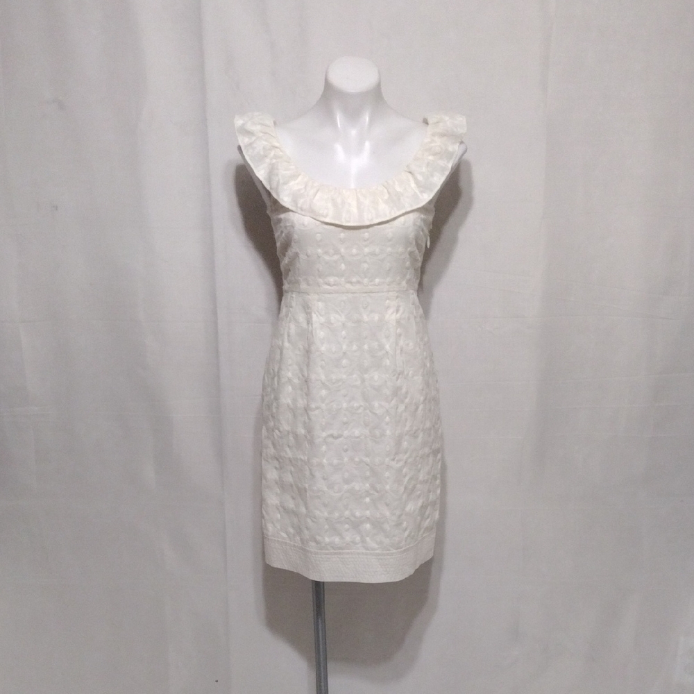 Juicy Couture Vintage Y2K Embroidered Ruffle Collar Sheath Dress Off White Small